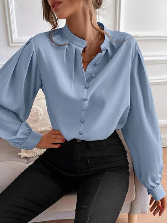 Loose Puff Sleeves Pleated Solid Color Split-Joint Stand Collar Blouses