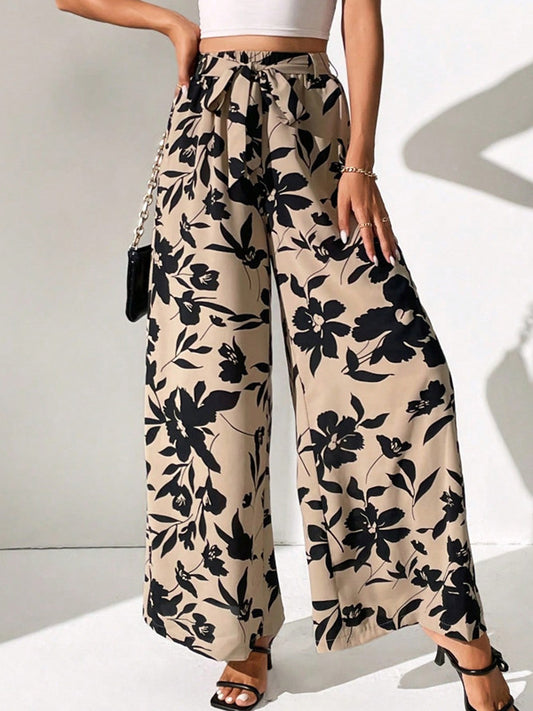 High Waisted Loose Elasticity Flower Print Tied Waist Pants Trousers