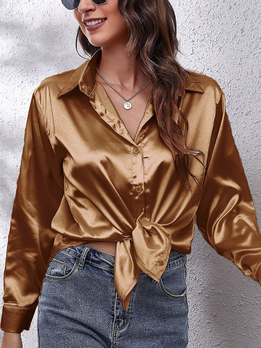 Long Sleeves Loose Solid Color Lapel Blouses&Shirts Tops