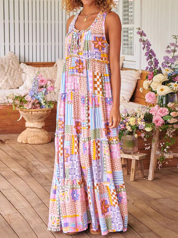 Loose Sleeveless Contrast Color Flower Print Plaid Printed Round-Neck Maxi Dresses