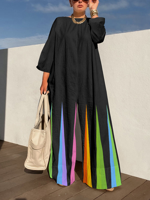 High Waisted Long Sleeves Striped Round-Neck Jumpsuits