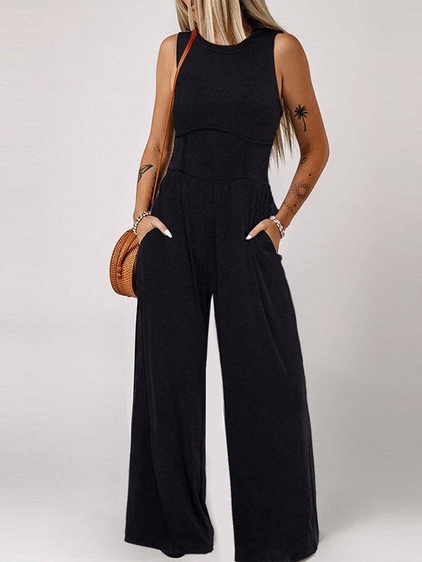 High Waisted Loose Pockets Solid Color Round-Neck Jumpsuits