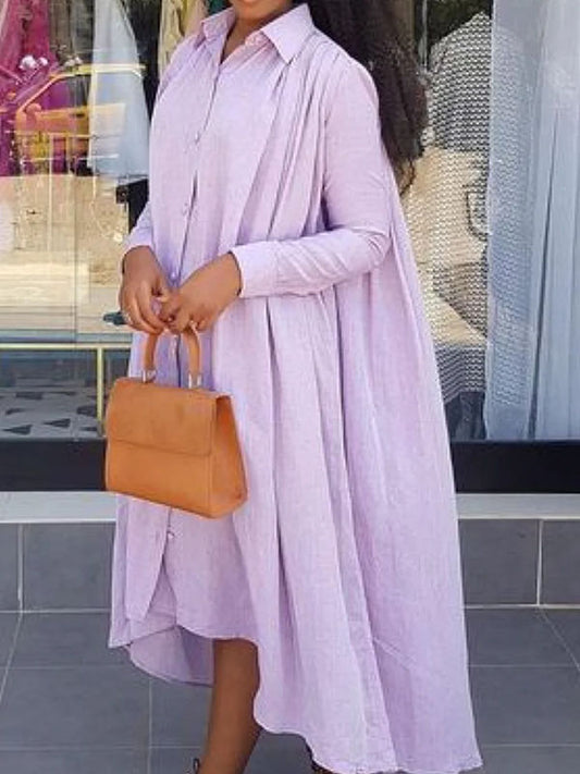 High-Low Long Sleeves Pleated Solid Color Lapel Maxi Dresses Shirt Dress