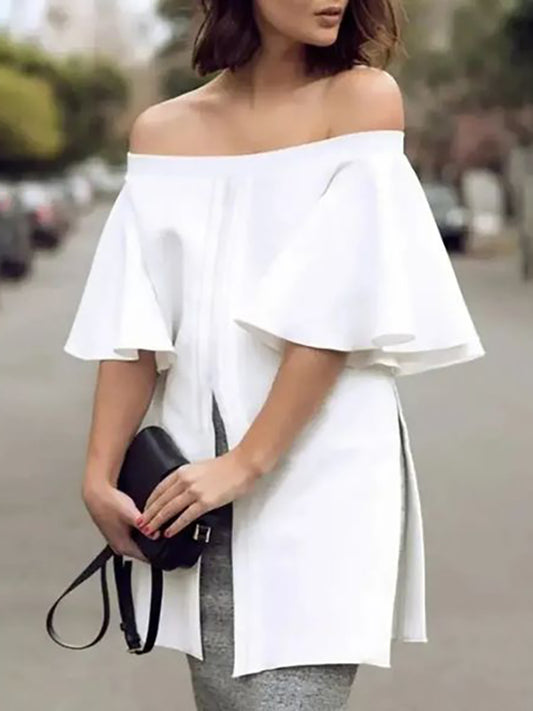 Flared Sleeves Half Sleeves Elasticity Solid Color Split-front Split-side Off-the-shoulder Blouses&shirts Tops