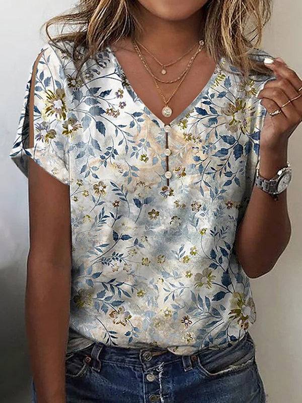 Loose Plus Size Buttoned Flower Print Hollow V-Neck T-Shirts Tops