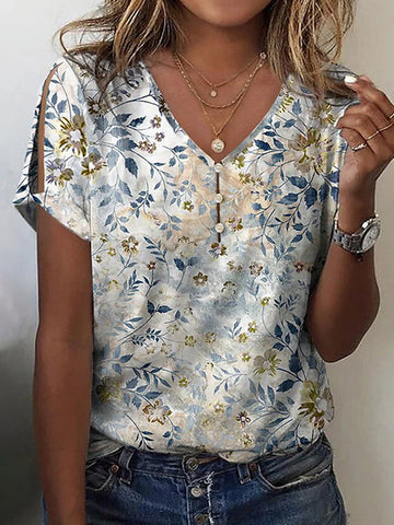 Loose Plus Size Buttoned Flower Print Hollow V-Neck T-Shirts Tops