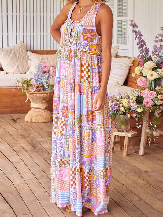 Loose Sleeveless Contrast Color Flower Print Plaid Printed Round-Neck Maxi Dresses