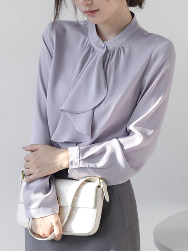 Long Sleeves Loose Buttoned Pleated Ribbon Solid Color Mock Neck Blouses&Shirts Tops