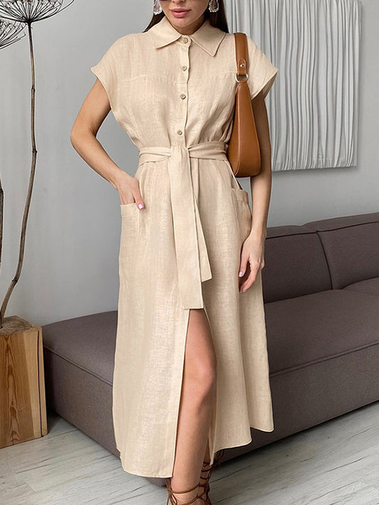 Loose Raglan Sleeve See-Through Split-Joint Tied Waist Lapel Midi Dresses Shirt Dress