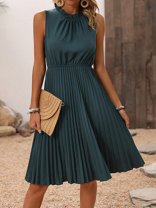 A-Line Loose Elasticity Pleated Solid Color Split-Joint Mock Neck Midi Dresses