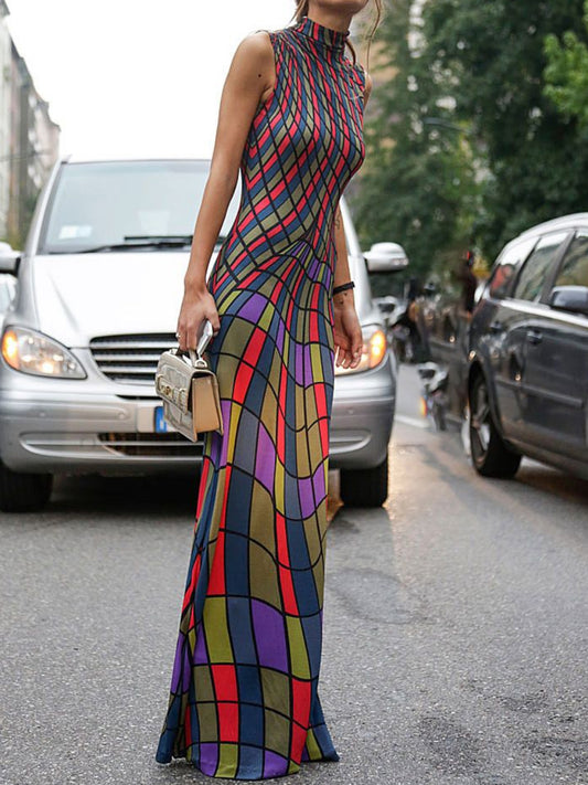 Skinny Sleeveless Contrast Color Plaid Printed High Neck Maxi Dresses