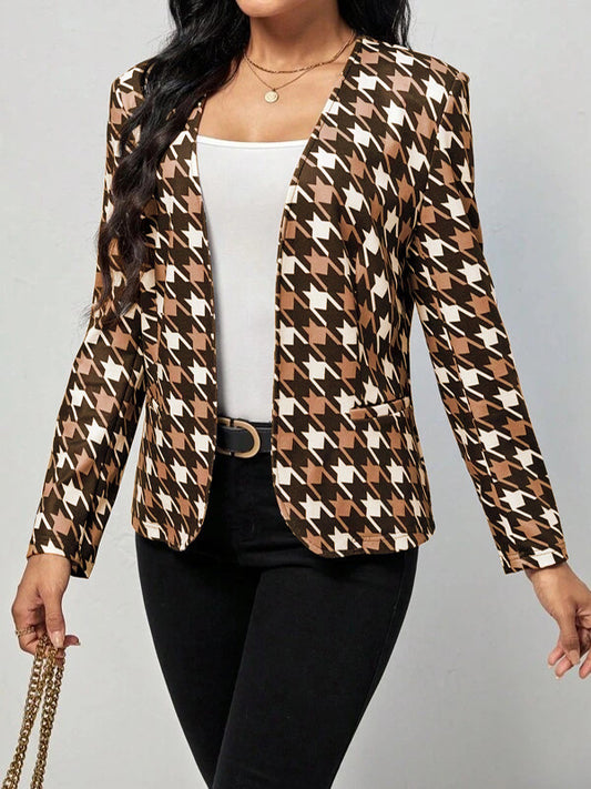 Long Sleeves Loose Houndstooth Pockets V-Neck Blazer Outerwear