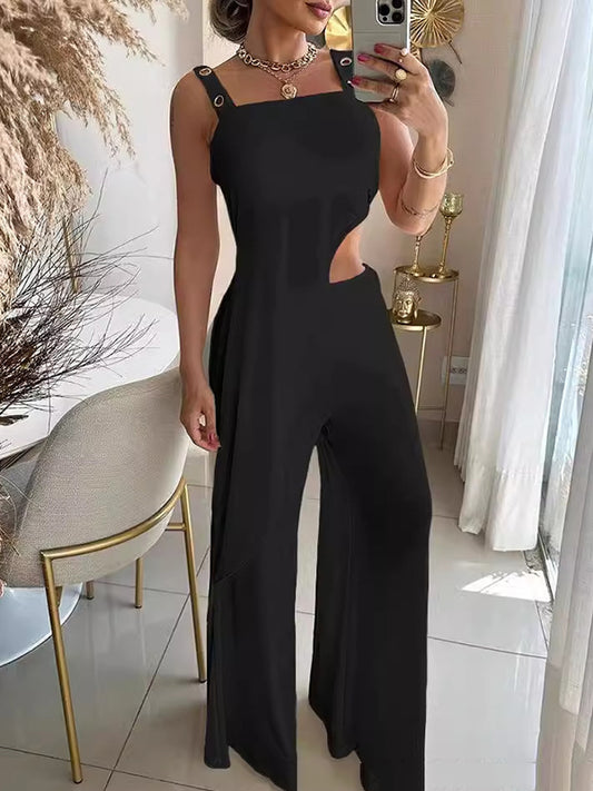 Loose Sleeveless Asymmetric Hollow Collarless  Vest Top + Wide Leg Pants Bottom Two Pieces Set