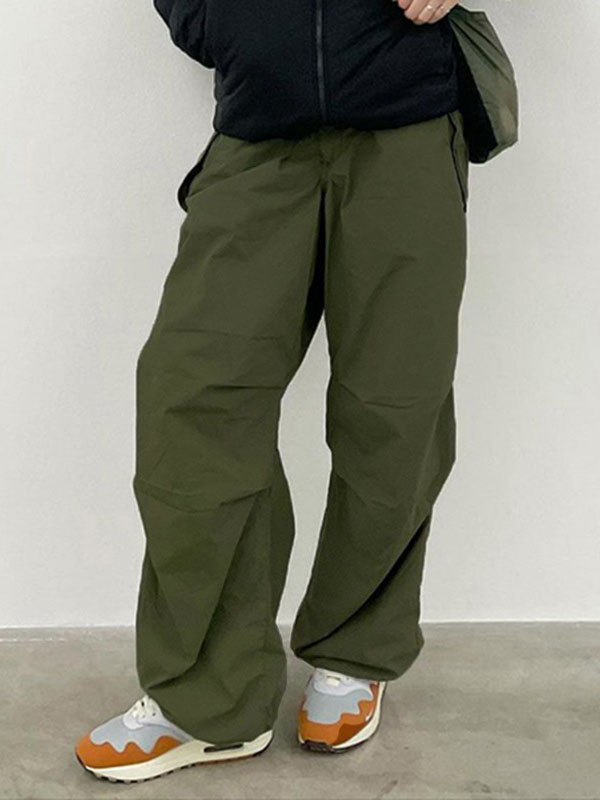 High Waisted Loose Drawstring Pleated Solid Color Pants Trousers