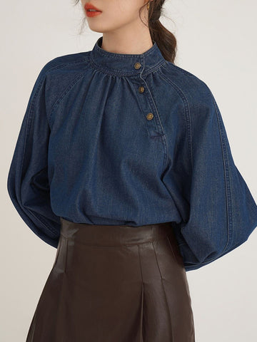 Loose Puff Sleeves Asymmetric Pleated Split-Joint High Neck Blouses&Shirts Tops