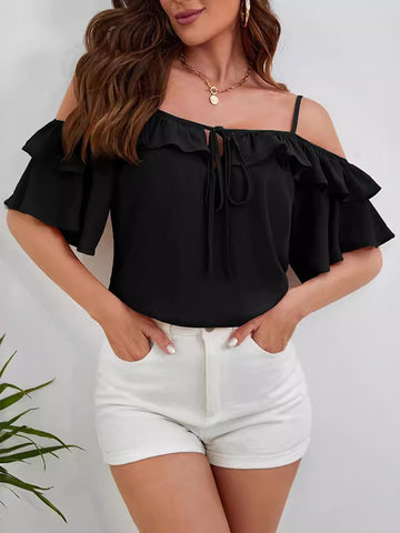 Half Sleeves Loose Ruffle Trim Solid Color Tied Off-the-shoulder Blouses&shirts Tops