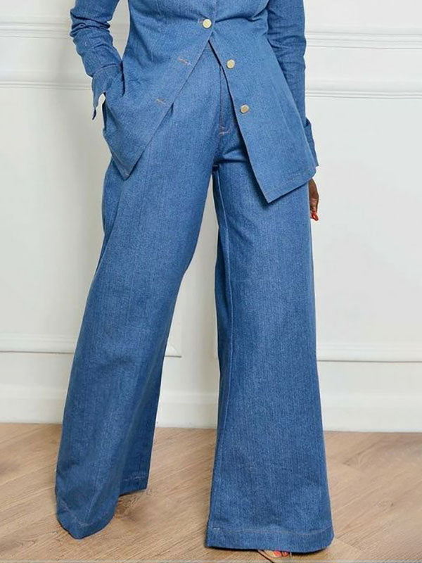 High Waisted Loose Pockets Solid Color Lapel Jean Pants Bottoms