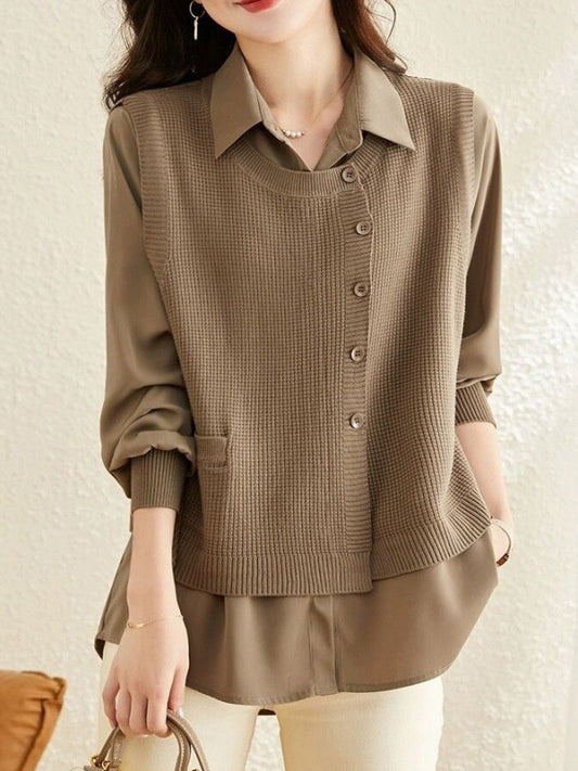 Long Sleeves Loose Solid Color Lapel  Inner Shirt + Buttoned Pockets Outer Knit Vest Two Pieces Set