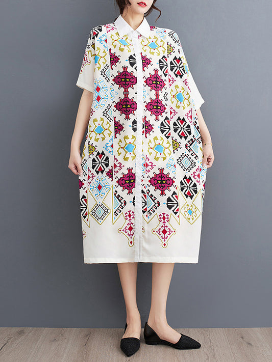 A-Line Loose Buttoned Printed Lapel Midi Dresses