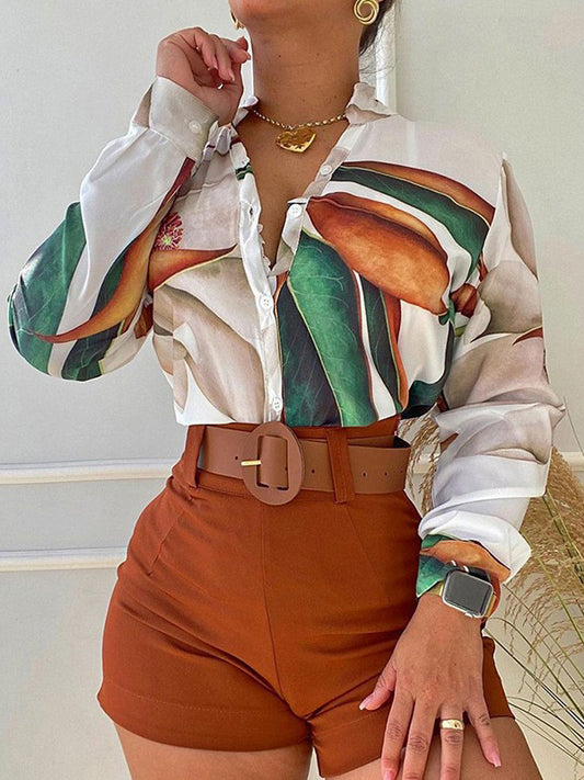 Long Sleeves Buttoned Print Deep V-Neck Shirts Top +Belted Shorts Bottom Two Pieces Set