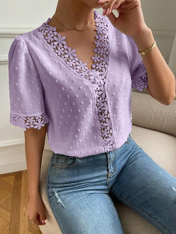 Loose Short Sleeves Applique Solid Color V-Neck Blouses&Shirts Tops