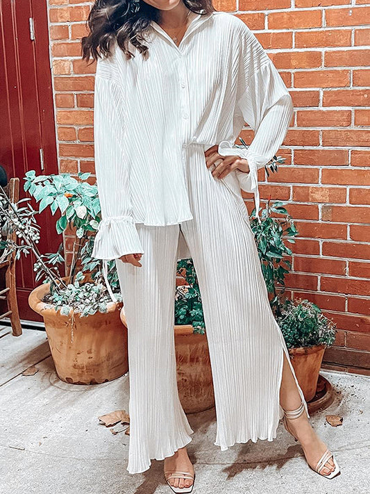 Flared Sleeves Long Sleeves Buttoned Drawstring Pleated Solid Color Split-Side Lapel Shirts Top + Pants Bottom Pajama Sets