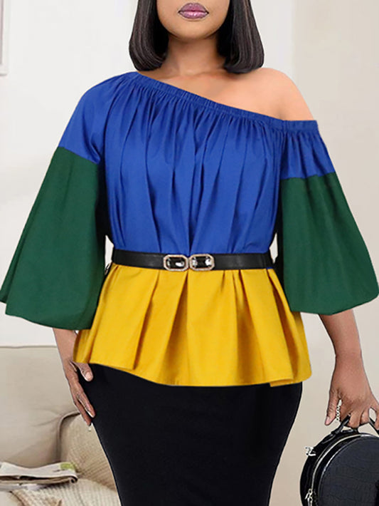 Loose Belted Color-Block Falbala One-Shoulder Shirts Tops