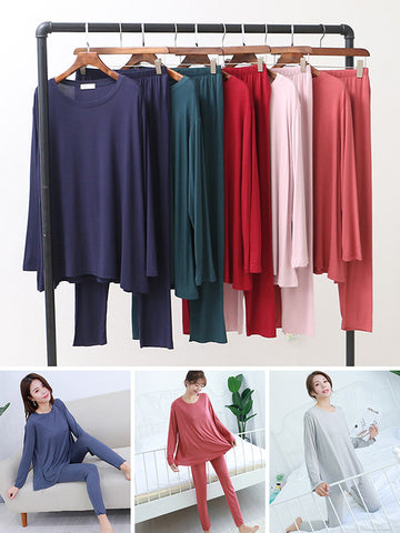 Simple Solid Color Long Sleeve Loose Modal Pajamas Sets