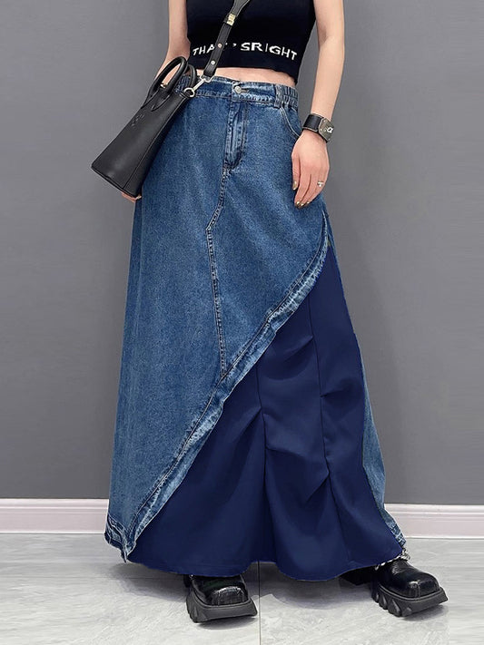 A-Line Loose Asymmetric Contrast Color Elasticity Split-Joint Denim Skirts Bottoms