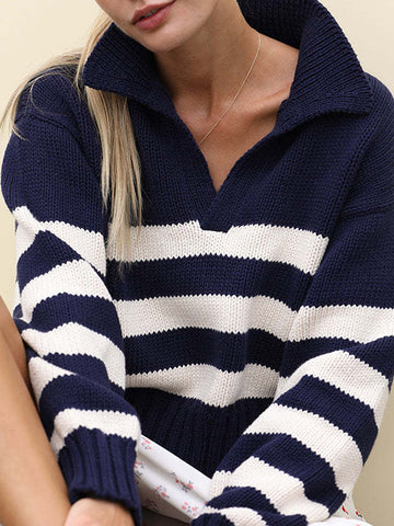 Long Sleeves Loose Contrast Color Striped Lapel Sweater