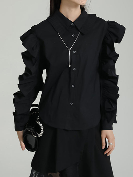 Long Sleeves Falbala Pleated Solid Color Lapel Blouses&Shirts Tops