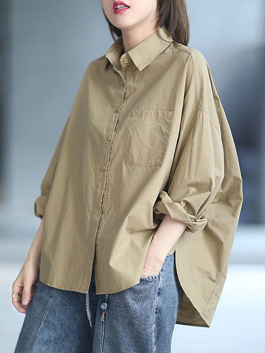 High-Low Long Sleeves Solid Color Lapel Blouses&Shirts Tops