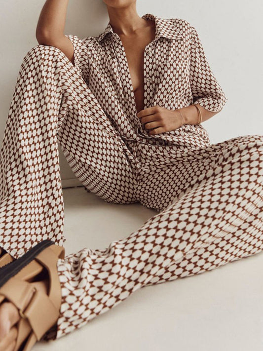 Loose Plaid Printed Half Sleeves Lapel Shirts Tops&Wide Leg Pants Two Pieces Set