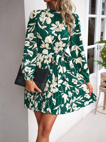 High Waisted Long Sleeves Flower Print Pleated Tied Waist Mock Neck Mini Dresses