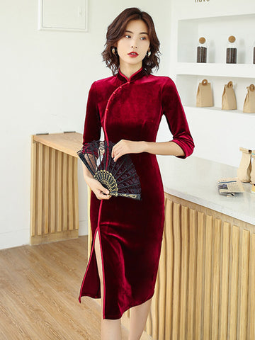 Solid Color Velvet Banquet Split-Side Long Cheongsams