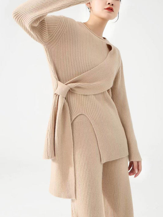 Loose Asymmetric Solid Color Split-Front Round-Neck Long Sleeves Sweater Top   Pants Bottom Two Pieces Set