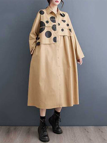 A-Line Long Sleeves Asymmetric Buttoned Polka Dot Split-Joint Lapel Midi Dresses