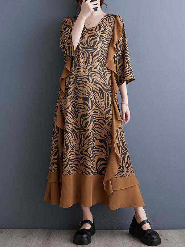 A-Line Batwing Sleeves Ruffled Split-Joint Zebra-Stripe V-Neck Midi Dresses