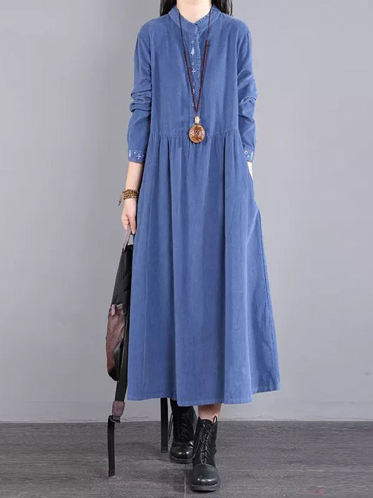 Vintage Corduroy Long Sleeves A-Line Embroidered Solid Round-Neck Midi Dresses