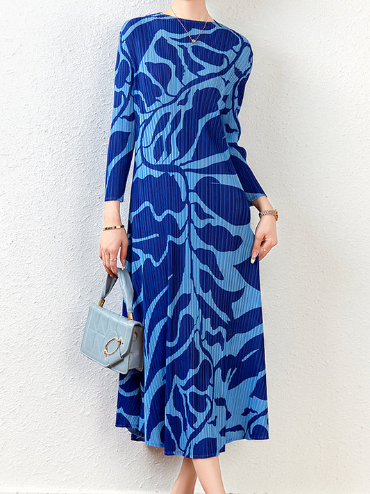 Fashion Floral Printed Pleated Long Sleeves Midi Dress