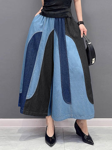 Loose Wide Leg Contrast Color Elasticity Split-Joint Jean Pants Bottoms