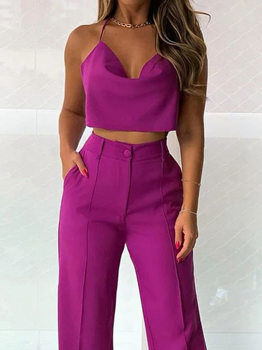 Loose Solid Color V-Neck Vest Top + High Waisted Pants Bottom Two Pieces Set