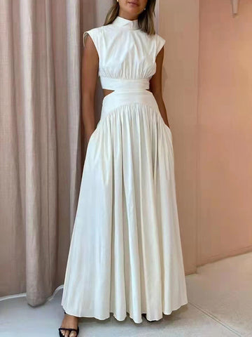 Vacation Loose Sleeveless Hollow Solid Color Stand Collar Maxi Dresses