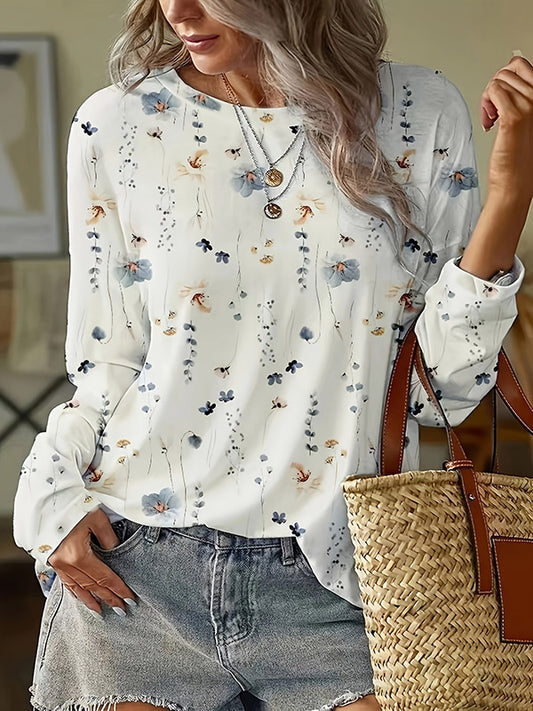 Long Sleeves Loose Flower Print Round-Neck T-Shirts Tops