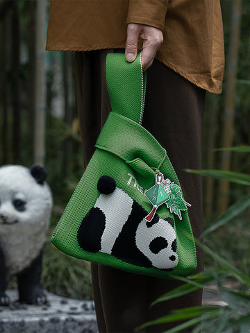 Panda-Patterned Woven Handbag Bags