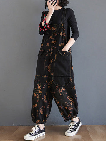 Original Floral With Pocket Harem Denim Overalls