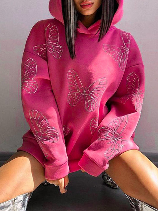 Loose Puff Sleeves Butterfly Print Split-Joint Hooded Hoodies Tops