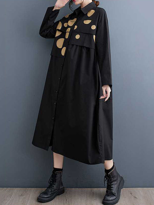 A-Line Long Sleeves Asymmetric Buttoned Polka Dot Split-Joint Lapel Midi Dresses