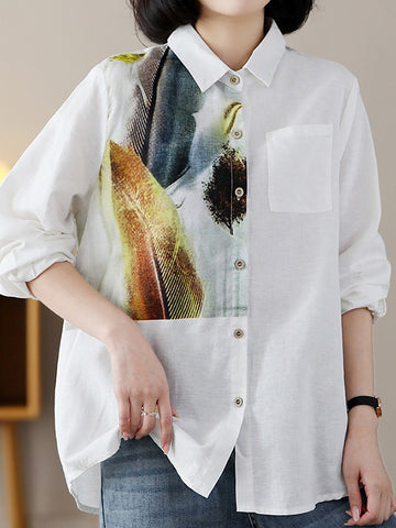 Long Sleeves Loose Contrast Color Feathers Printed Lapel Blouses