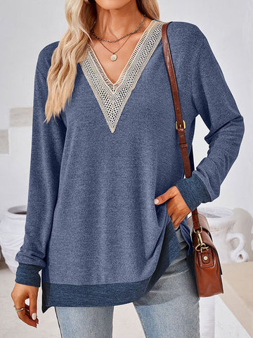 Long Sleeves Loose Hollow Split-Joint Split-Side V-Neck T-Shirts Tops